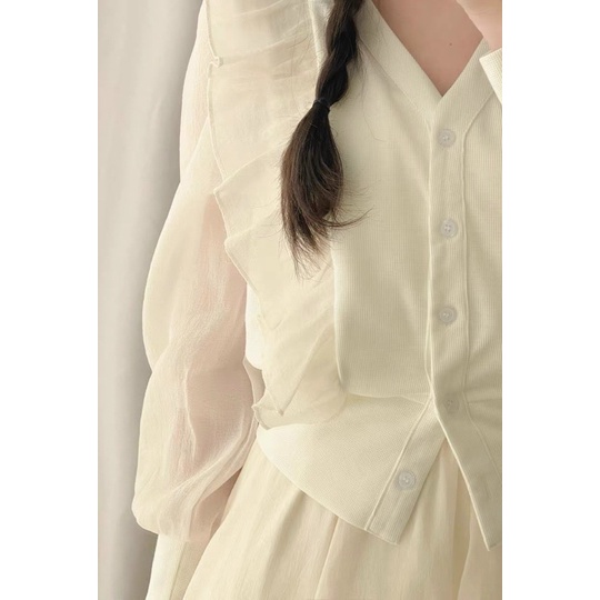 SET ÁO VOAN TƠ BÈO TD  + CHÂN VÁY MIDI NHỌN NUDE