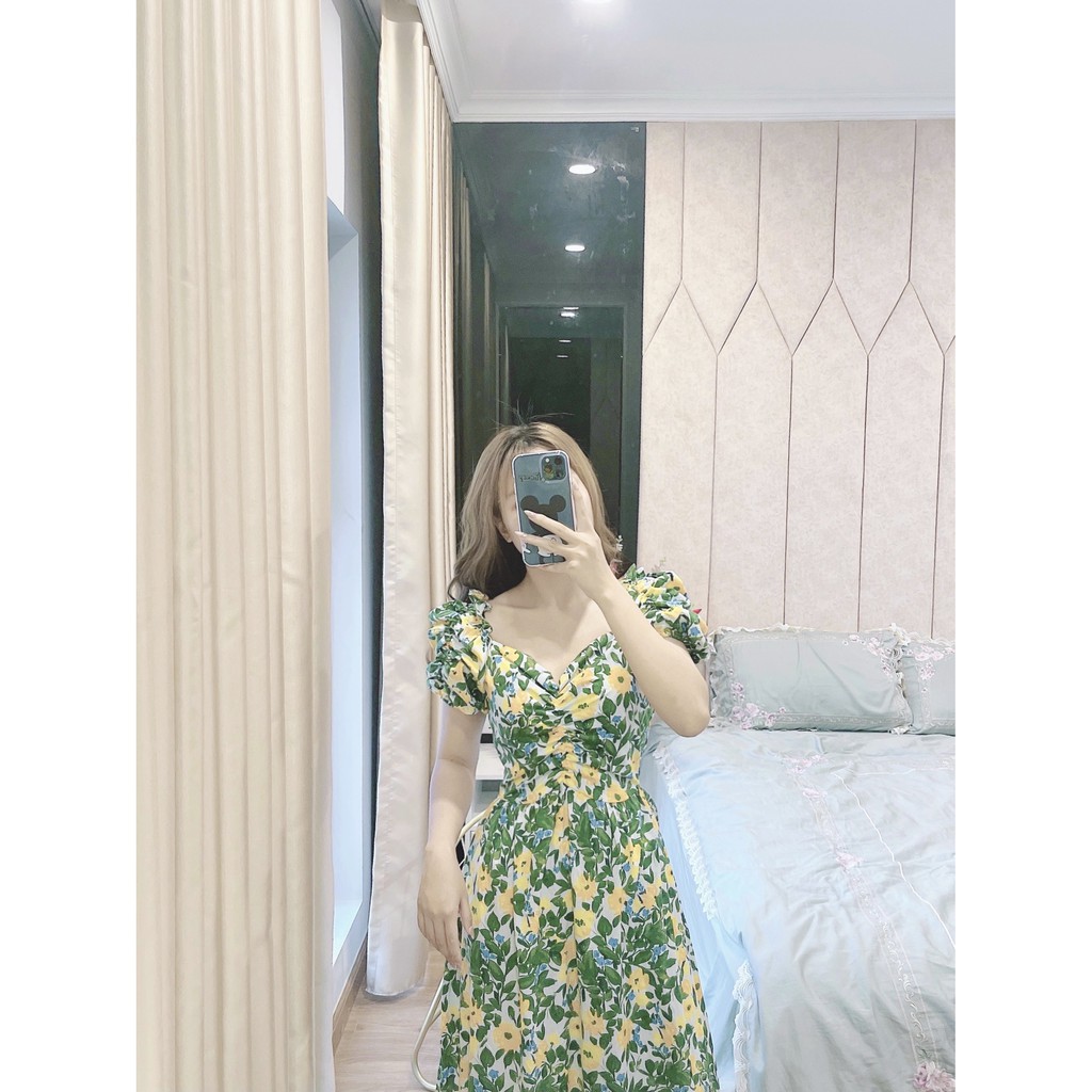 VÁY HOA MAXI XANH(VÀNG) DÚM NGỰC ĐUÔI CÁ | BigBuy360 - bigbuy360.vn