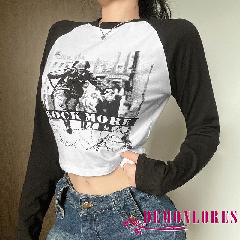 Demonlores-Y2K Áo Thun Tay Dài Cổ Tròn In Chữ Màu Trắng Đen Phong Cách Gothic Quyến Rũ Cho Nữ