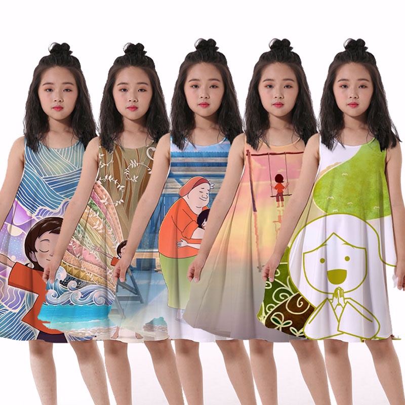 Đầm dáng rộng in họa tiết hoạt hình 3D thời trang mùa hè cho bé gái