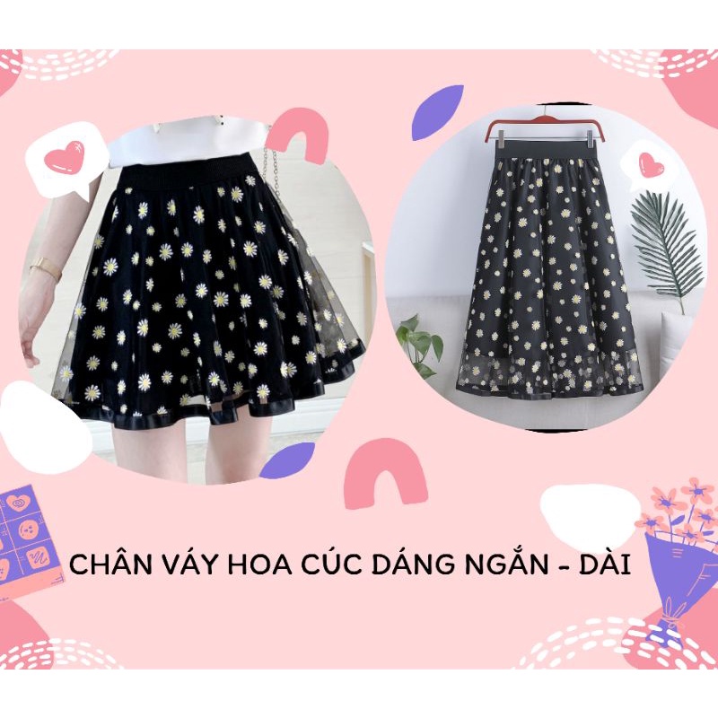 (Có sẵn)Chân váy lưới hoa cúc dáng ngắn - dáng dài cạp chun free size