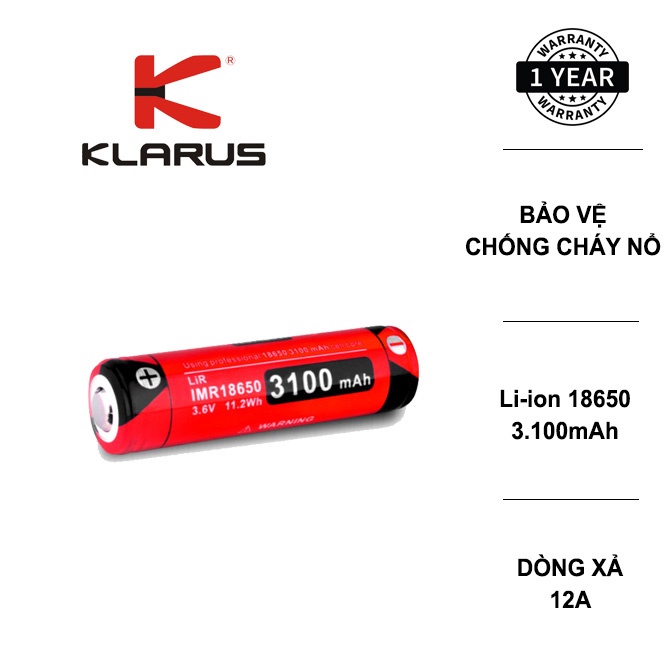 Pin sạc KLARUS 18650 cao cấp dung lượng 3100mAh dòng xả max 12A