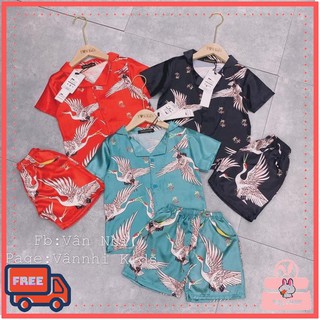 Bộ Pyjama lụa Satin chim hạc cho bé trai bé gái Mềm Mát sang chảnh