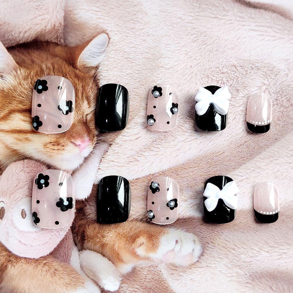 Bộ Móng Tay Giả Ngắn Tháo Rời Được Hình Nơ Hoa Phong Cách Nhật Bản