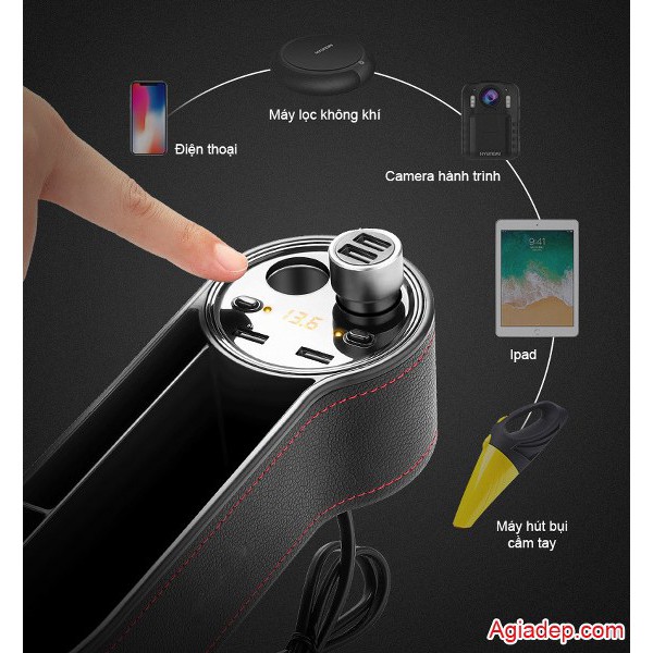 Bộ chia Tẩu 2 Tẩu + 2 USB kiêm Hộc đựng đồ xe oto xe hơi - Sạc điện thoại chuẩn USA - Thiết kế mới AGD X1 | WebRaoVat - webraovat.net.vn