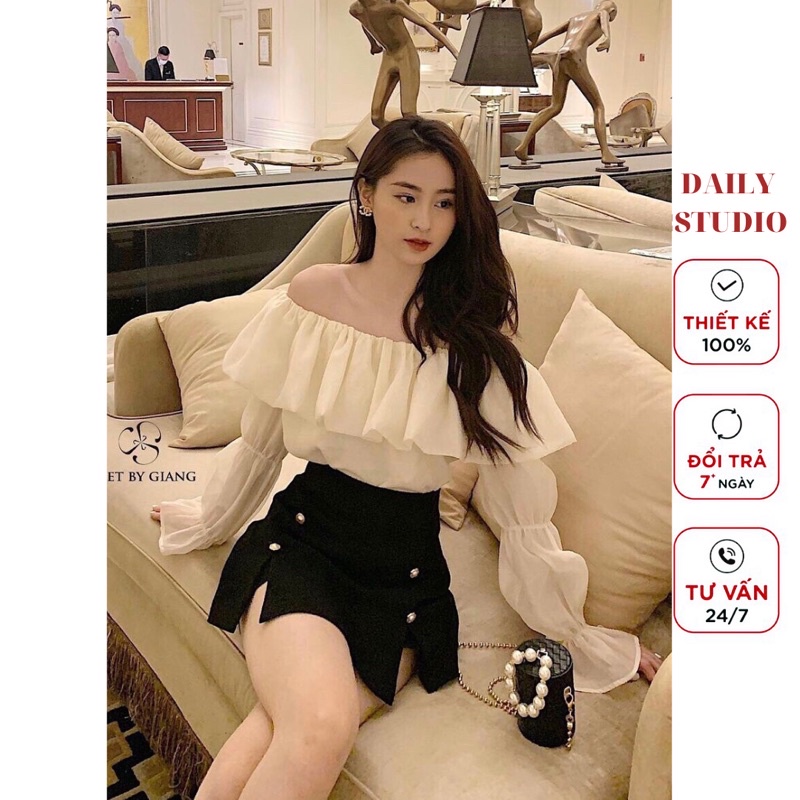 Set áo trễ vai tơ chân váy đính ngọc,Set áo trễ vai tơ tay phồng phối chân váy chữ A cúc ngọc tiểu thư