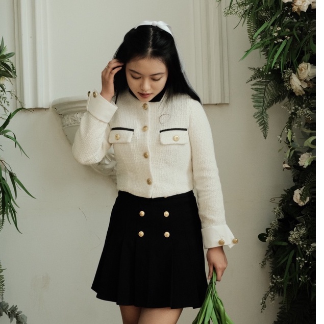 Áo dạ tweed cúc đồng chất dầy dặn 2 lớp mang phong cách quý cô Châu Âu