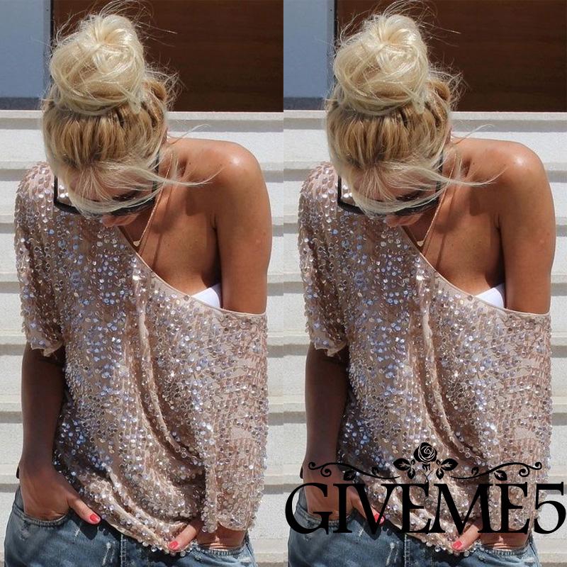 ❆❀✯Women Sequins Bling Shiny Sleeveless Top Casual Loose Off Shoulder Top