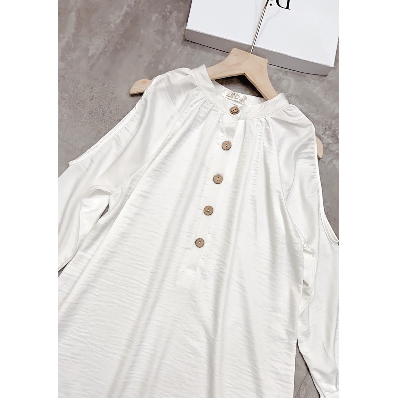 Đầm sơ mi suông lụa trắng hở vai tiểu thư dáng rộng thụng siêu xinh, Váy dự tiệc dáng xuông khoét vai hàng đẹp | BigBuy360 - bigbuy360.vn