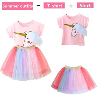 Set Đồ Gồm 2 Món Áo Thun In Hình Ngựa Một Sừng + Chân Váy Xòe Cho Bé Gái Từ 2-8 Tuổi