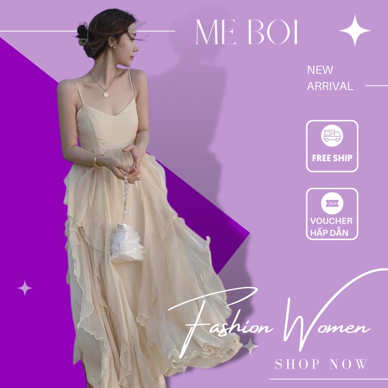 (Mễ Bối_ORDER)Đầm maxi voan tơ 2dây+áo khoác cardigan xoè tầng đi biển du lịch/Váy công chúa ulzzang