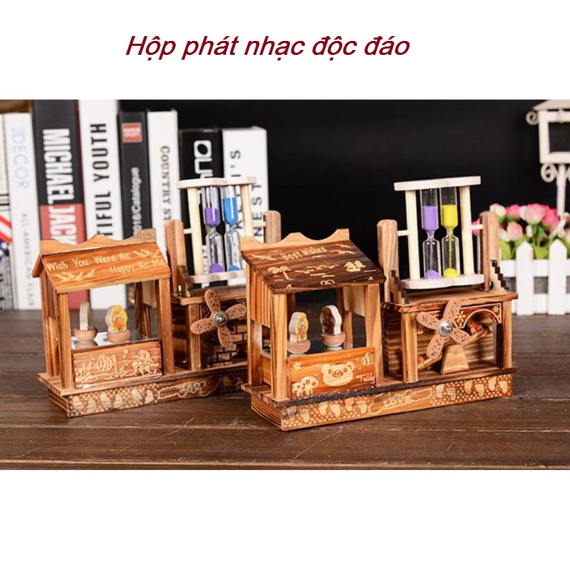Hộp phát nhạc ngôi nhà kèm đồng hồ cát độc đáo, ngôi nhà phát nhạc dây cót - giao mẫu ngẫu nhiên
