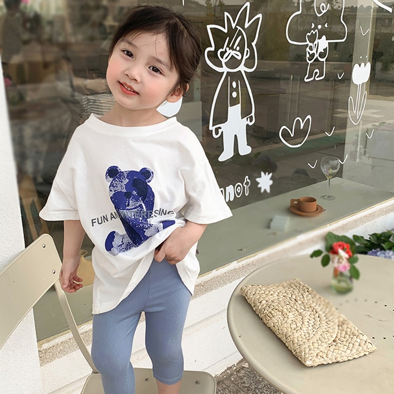 Áo thun ngắn tay đơn giản mùa hè in hình gấu hoạt hình 3-8 tuổi cho bé gái