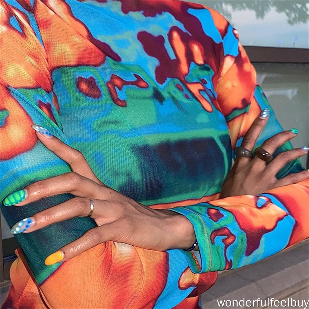 Áo croptop tay dài in họa tiết màu sắc 95% polyester 5% spandex đơn giản thời trang mùa thu cho nữ | BigBuy360 - bigbuy360.vn