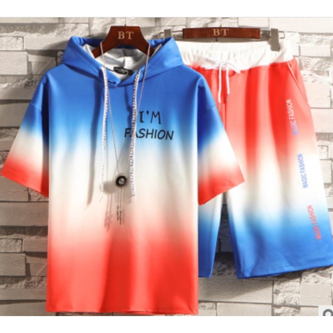 Thời trang mới Mens Áo trùm đầu thể thao Bộ đồ đẹp trai Dần dần đầy màu sắc Hip Hop ngắn tay áo thun | BigBuy360 - bigbuy360.vn