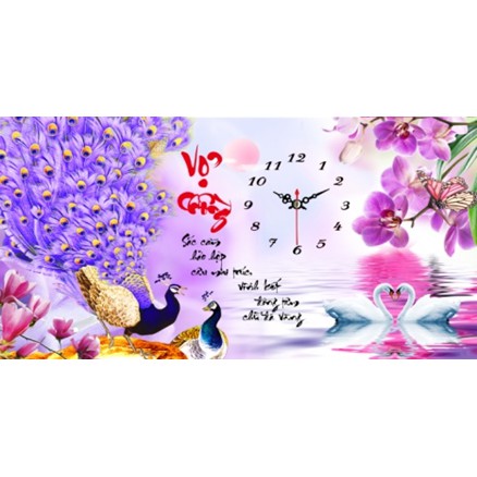 TRANH ĐÍNH ĐÁ Đồng hồ Vợ Chồng Công Tím Hoa Lan ABC Lavender LV162 VS065 |65x35cm|- Chưa gắn