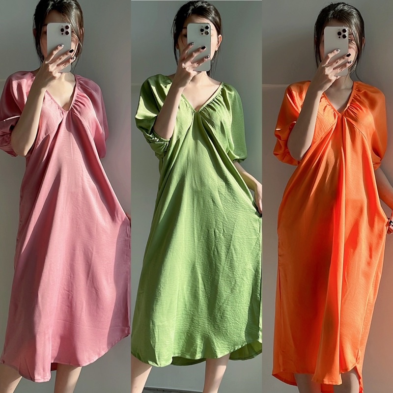 Đầm lụa cổ V 3 màu