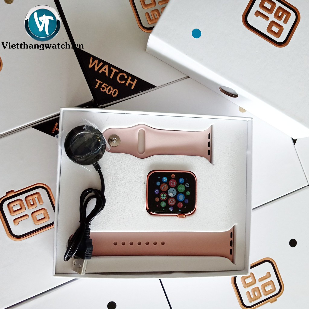 Đồng Hồ Thông Minh T500 Fullbox, Chống Nước, Kết Nối Bluetooth Màu Hồng.Kiểu dáng Apple Watch series 5