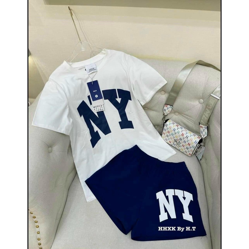 Đồ bộ nữ chữ  N. Y 2 màu đen than áo thun cộc tay phối quần short chất cotton 4 chiều
