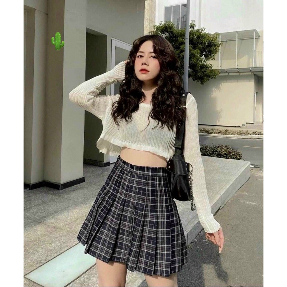 sét bộ váy sọc caro phối áo croptop