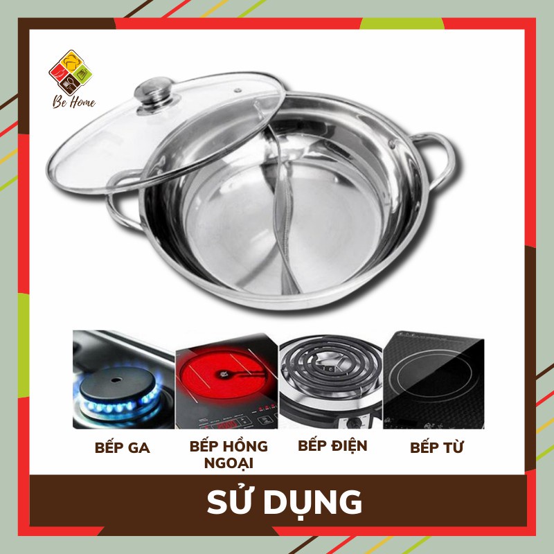 Nồi lẩu 2 ngăn inox cao cấp BEHOME Nồi nấu lẩu inox  - Nồi 2 dùng được Bếp Từ Làm Nóng Cực Nhanh Đa Năng