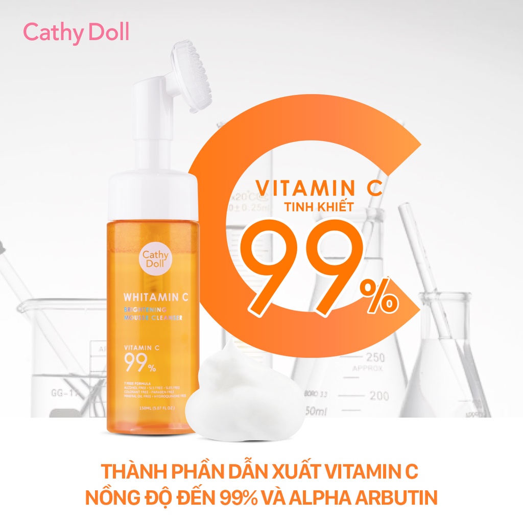 Bọt rửa mặt dưỡng trắng da mờ thâm Cathy Doll Whitamin C Brightening Mousse Cleanser 150ml
