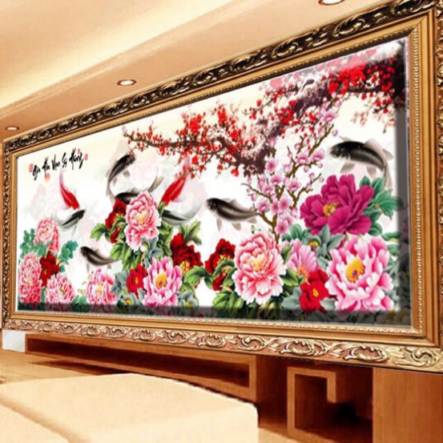 Tranh đính đá cửu ngư quần hội khổ lớn tuyệt đẹp 180x68cm