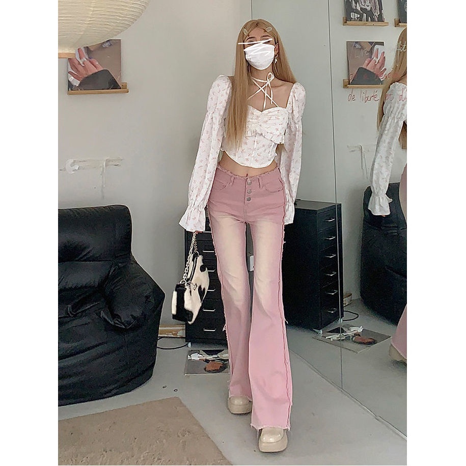 Jiashucheng Quần Jean Ống Loe Lưng Cao Ôm Dáng Màu Hồng Thời Trang Mùa Hè Mới Cho Nữ