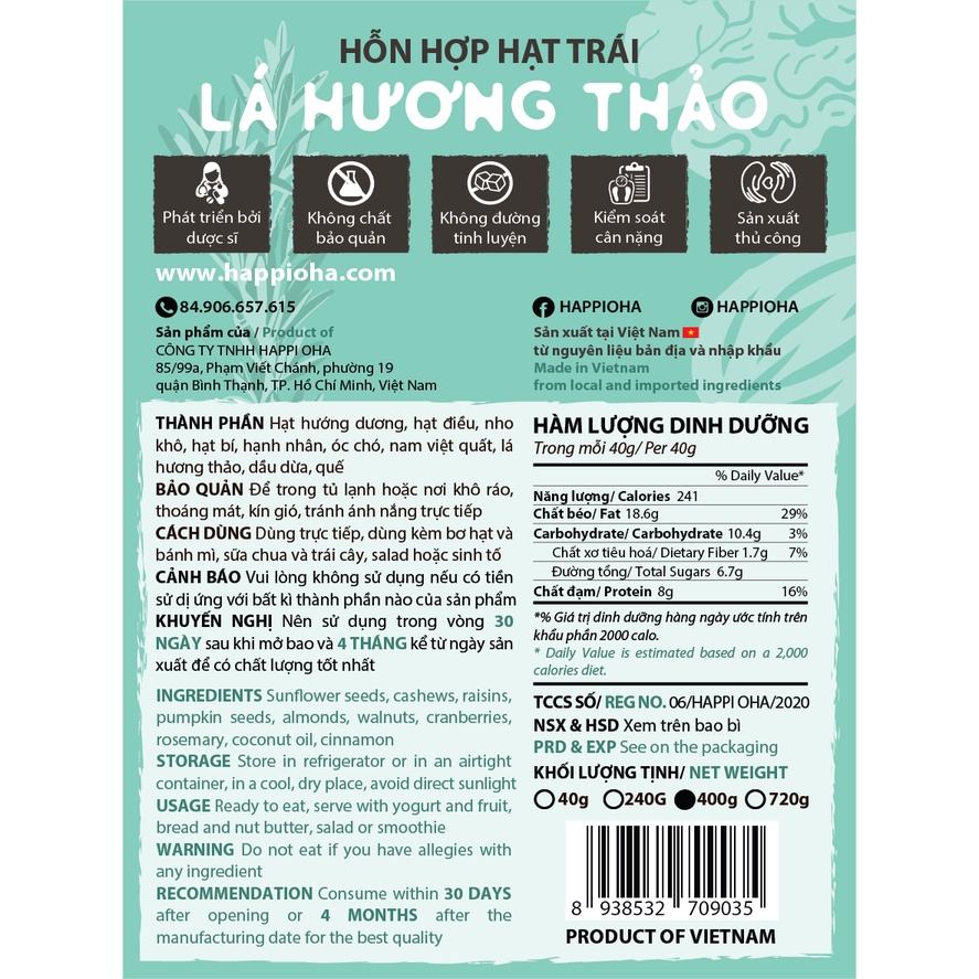 Granola Rosemary Hương Thảo HAPPI OHA - Ngũ Cốc Ăn Sáng/ Ngũ Cốc Ăn Kiêng Không Đường Tinh Luyện