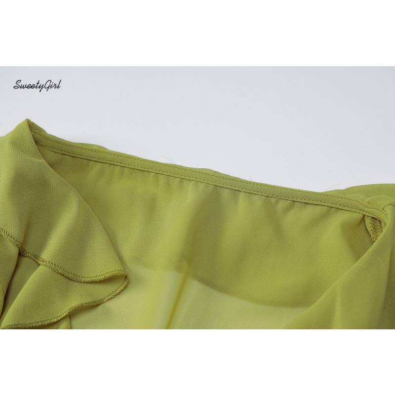 Áo Croptop Tay Dài Cổ Chữ V Màu Trơn Trong Suốt Viền Phồng Phong Cách Đường Phố Cho Nữ