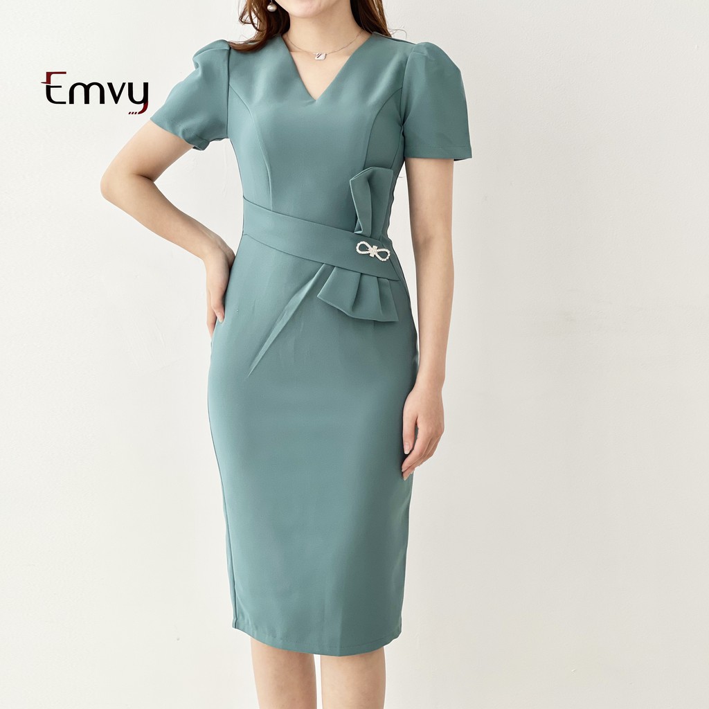 Đầm công sở đính nơ cổ V thiết kế Sang Trọng Emvy Fashion K35 | BigBuy360 - bigbuy360.vn