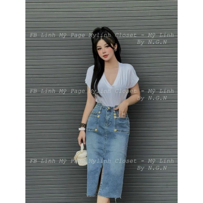 CHÂN VÁY JEANS NỮ DÁNG DÀI TÚI TRƯỚC QC L1 MS36771