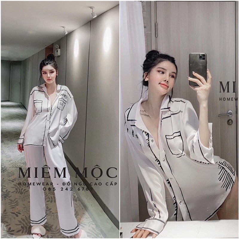 Bộ đồ ngủ lụa họa tiết F e n d y - Lụa Quảng Châu cao cấp