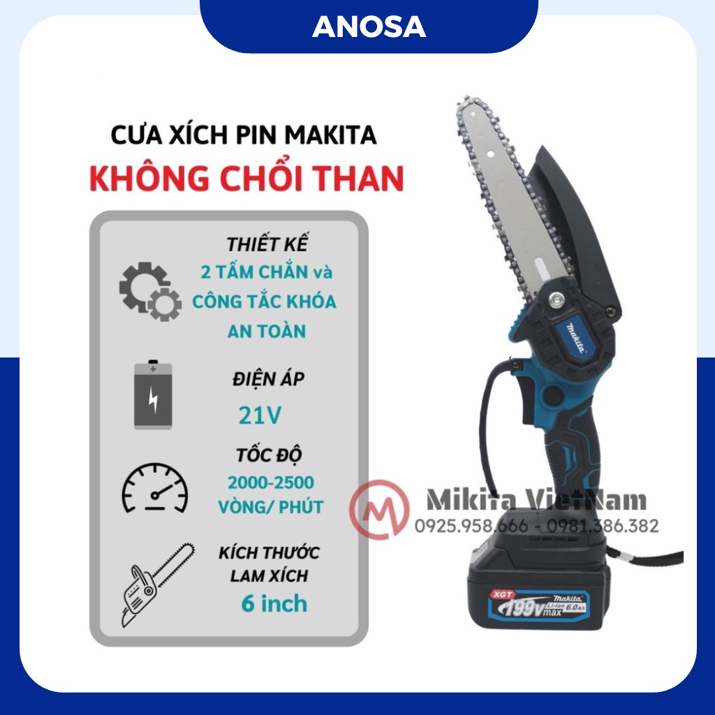 Máy cưa xích dùng pin Makita, Hitachi 2 pin 10 cell, không chổi than dùng để cắt cành, cây gỗ nhỏ cực khỏe