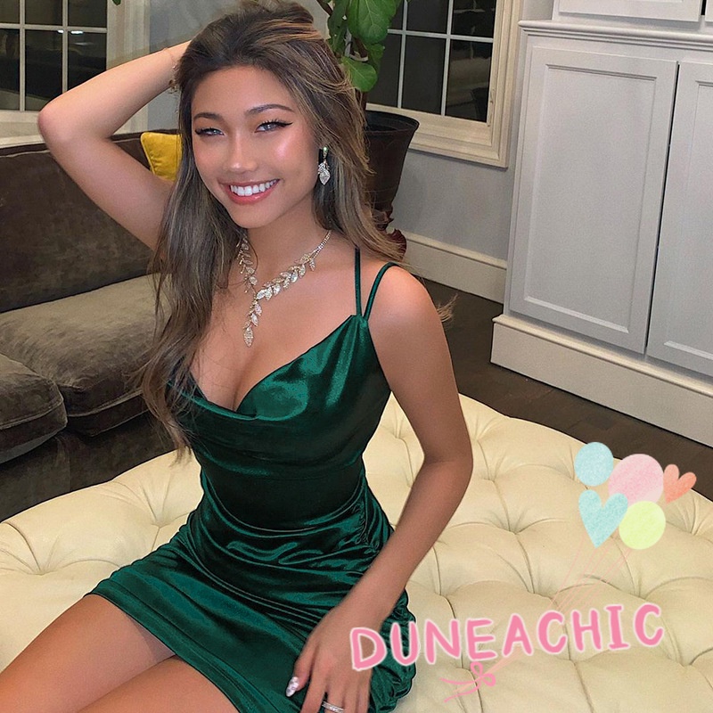 DUNEA Đầm Cổ Chữ V Hở Lưng Xếp Ly Quyến Rũ Thời Trang Cho Nữ