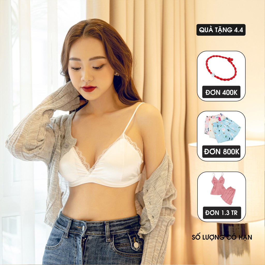 [MUA BRA TẶNG QUẦN CHIP XINH] Áo Lót Nữ Bra Lụa Không Gọng Đệm Vừa Tặng Quần Ren Đen Sexy Quyến Rũ BR11 VNGO | BigBuy360 - bigbuy360.vn
