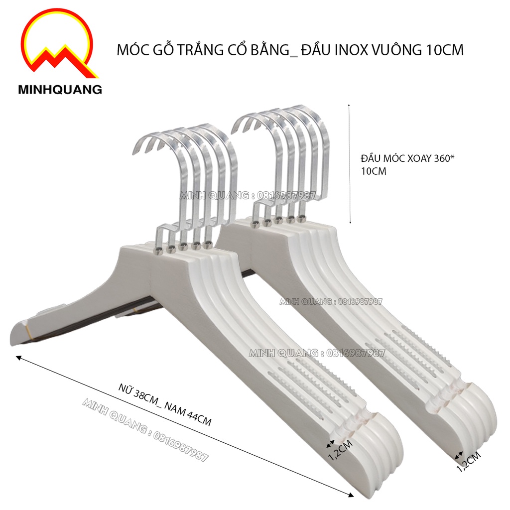 MÓC TREO QUẦN ÁO NỮ BẰNG GỖ MÀU TRẮNG CỔ BẰNG SIZE 38CM, ĐẦU XOAY 360* chuyên dùng cho shop thời trang