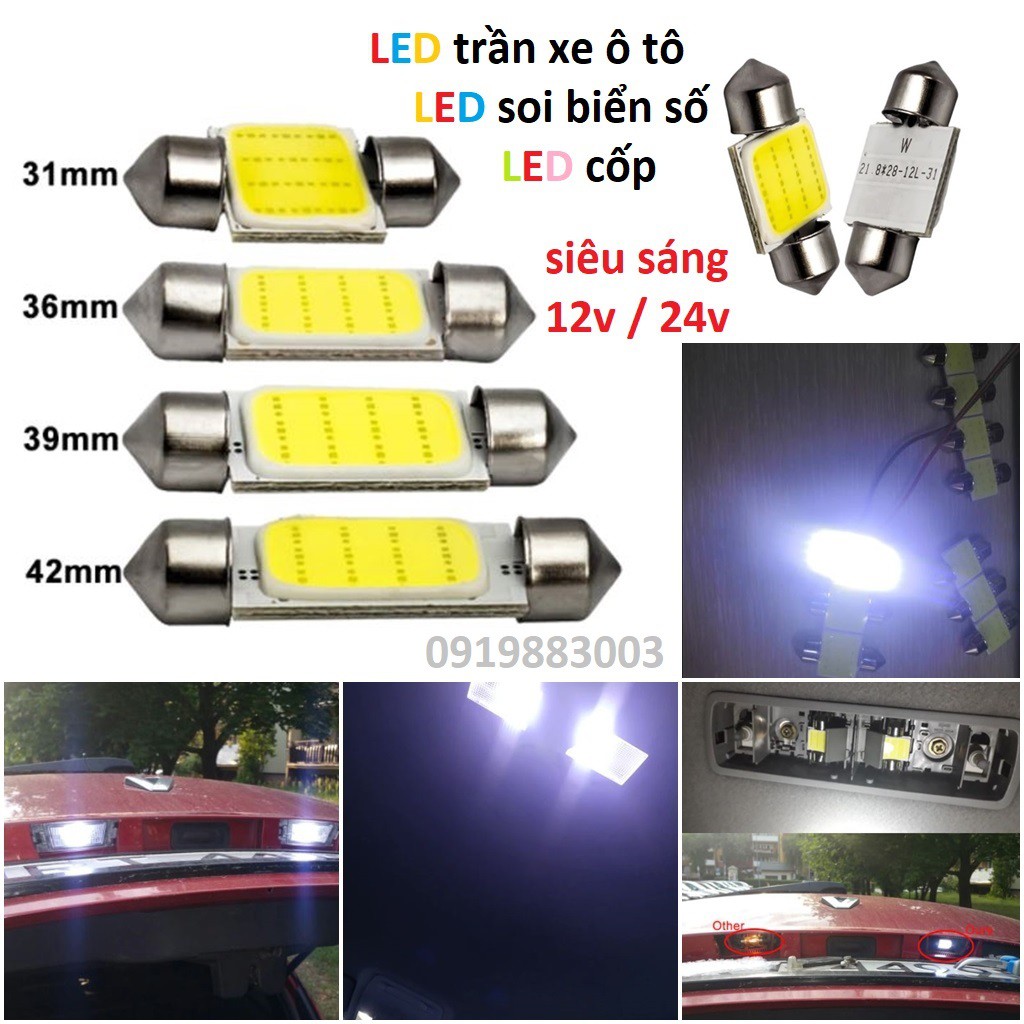 (Festoon COB 12v-24v) Bóng đèn led trần ô tô 31mm 36mm 39mm 41mm siêu sáng