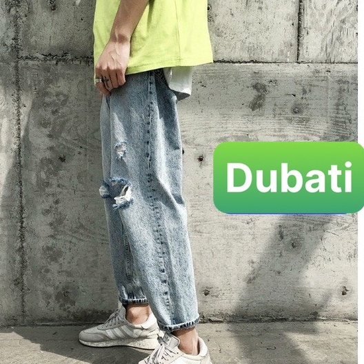 Quần Jean Nam Rách Gối Xanh Trơn, Quần Baggy Jeans Nam Unisex- DB 46- DUBATI FASHION