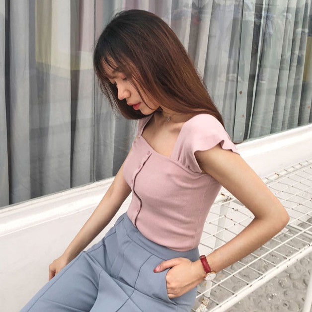 Áo croptop dệt kim màu trơn phối nút thời trang cho nữ