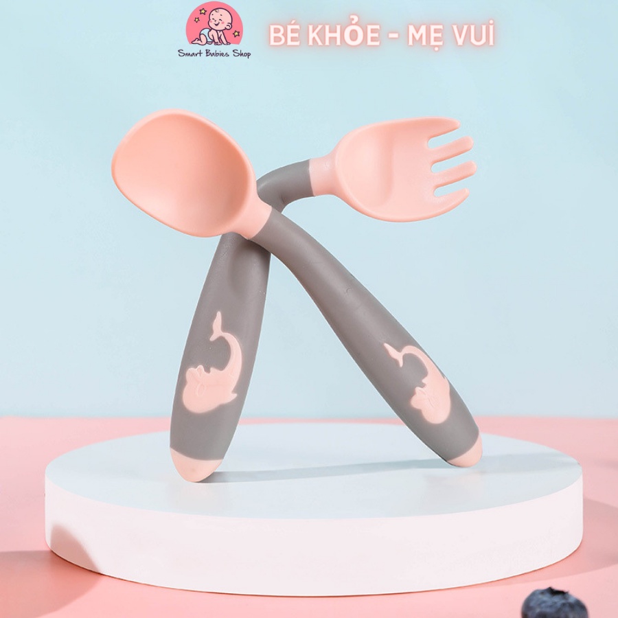 Bộ thìa nĩa uốn cong kèm hộp cho bé tập ăn