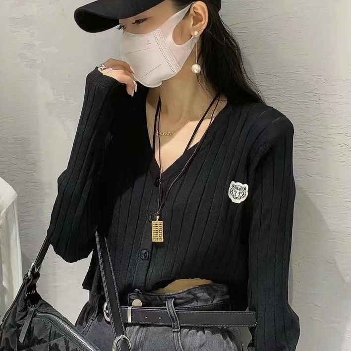 【ZHELIHANGFEI】Áo Cardigan Dệt Kim Tay Dài Cổ Chữ V Họa Tiết Kẻ Sọc Thời Trang