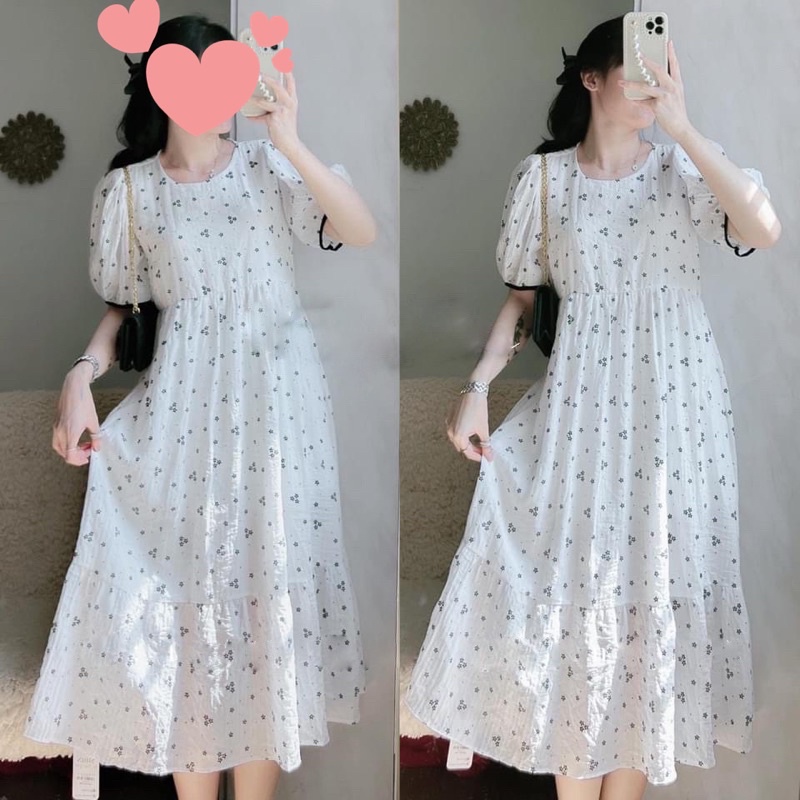 Đầm midi Babydoll trắng hoa đen cổ tròn tay ngắn viền đen