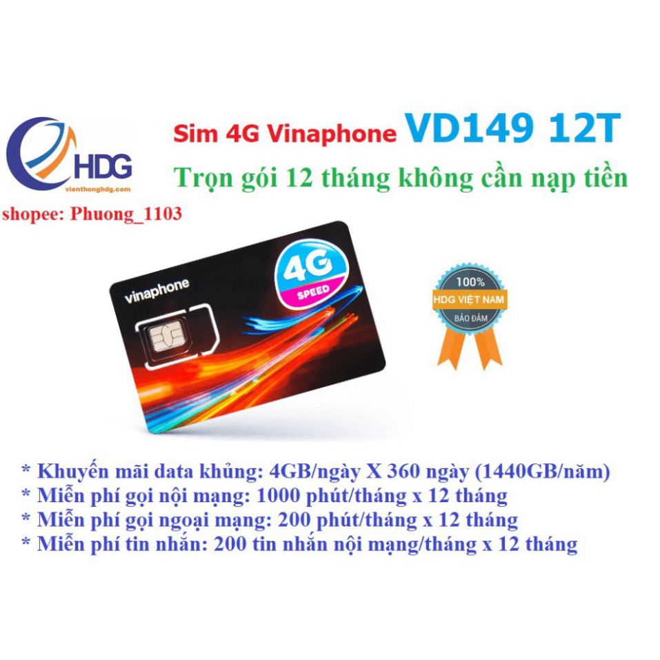 THANH LÝ XẢ KHO [Miễn phí 1 năm] SIM 4G Vinaphone 2GB/ngày, gọi nội mạng 20p và liên mạng 50p ( VD8912T/12D60G ) 4gb/ngà