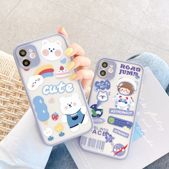 Ốp lưng iphone Roro &amp; White Bear nhám viền nổi cong 6/6plus/6s/6splus/7/7plus/8/8plus/x/xr/xs/11/12/pro/max/plus/pro