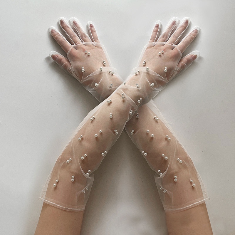 Găng Tay Lưới Dài Đính Hạt Ngọc Trai Cho Cô Dâu