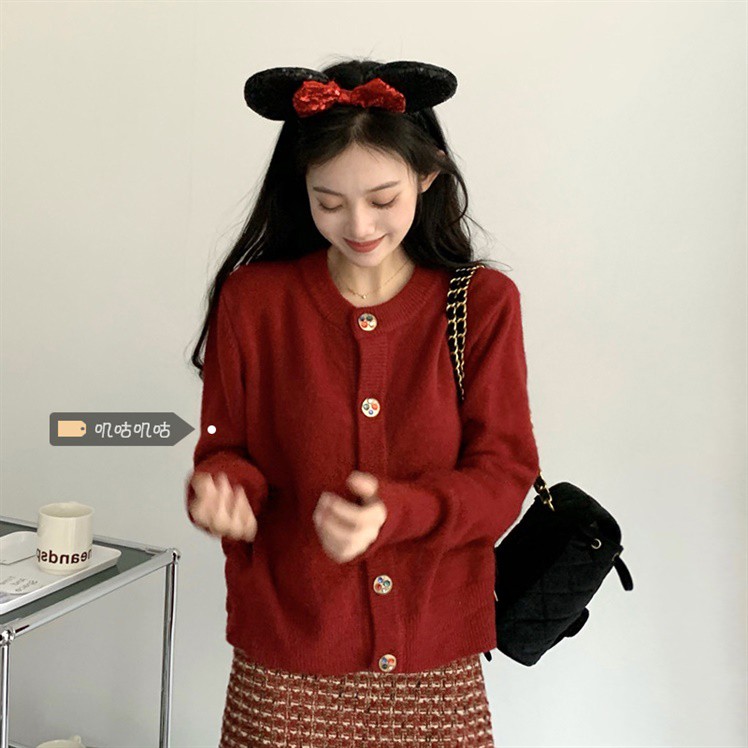 Áo Sweater Dệt Kim Màu Đỏ Phong Cách Nhật Bản Thời Trang Năm Mới Cho Nữ 2021