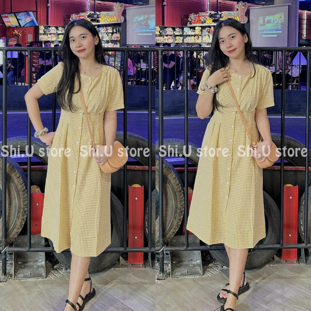 Váy kẻ caro vàng midi dáng dài chiết eo chất thô mềm có dây buộc sau thanh lịch trẻ trung