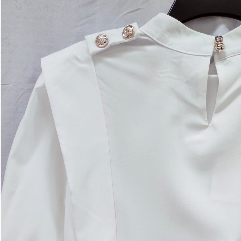 [ORDER] Áo Sơ Mi Trắng Dài Tay Cổ Cao 2 Vạt Vai Cúc Vàng Đồng ICC Official Store AO041