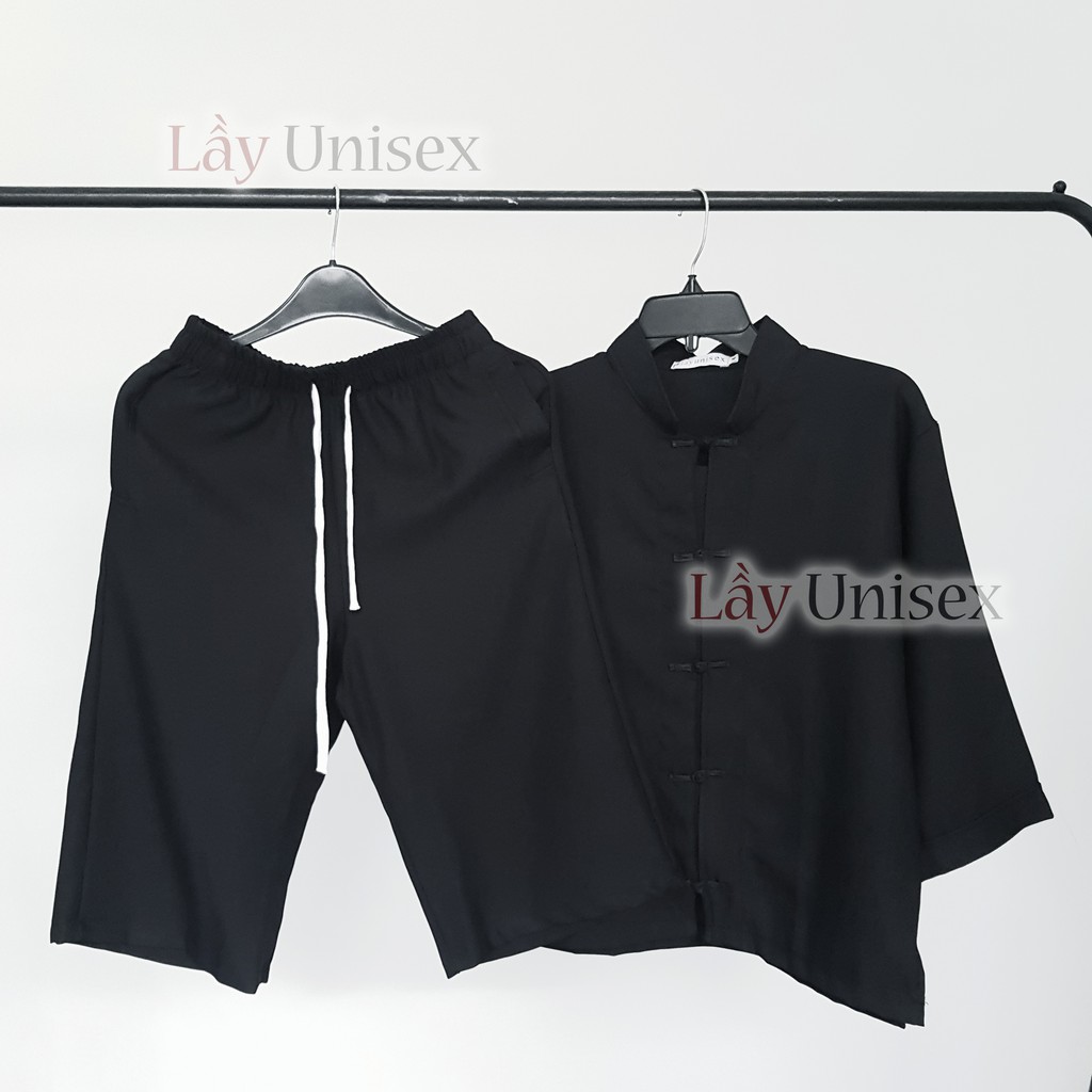 Quần ống rộng nam culottes form unisex - Đen trơn lưng thun dây rút